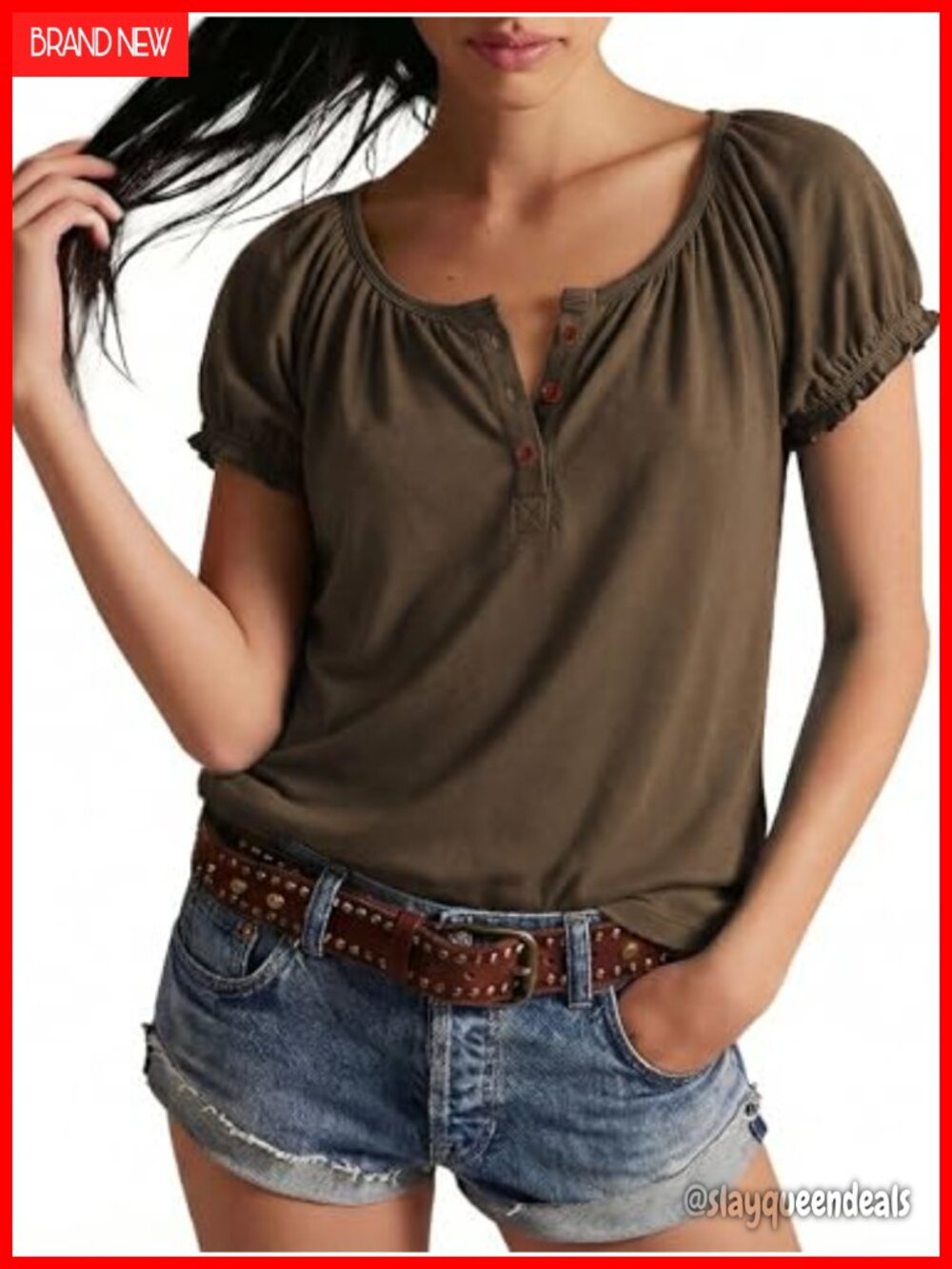 Puff Sleeve Henley Blouse - Loose Fit Short Sleeve Tee with Ruffle Cuff - Picture 3 of 6